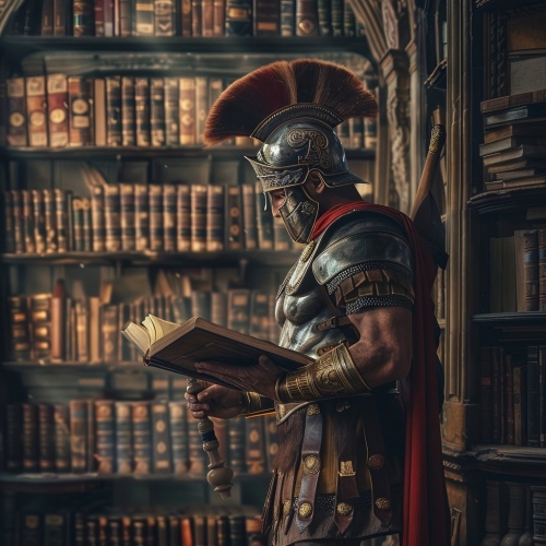 An improbably muscled, vaguely Roman-ish soldier, with the wrong number of fingers, reading a book in an eighteenth-century library.